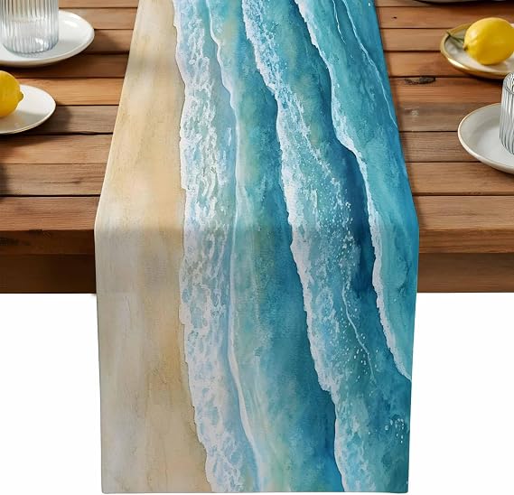 Table Runner 70'' Length - Summer Beach Blue Gradient Wave Linen Table Runners Dining Table Decoratio Seaside Water Ripple Dresser Scarf Washable Tablerunners for Kitchen/Party