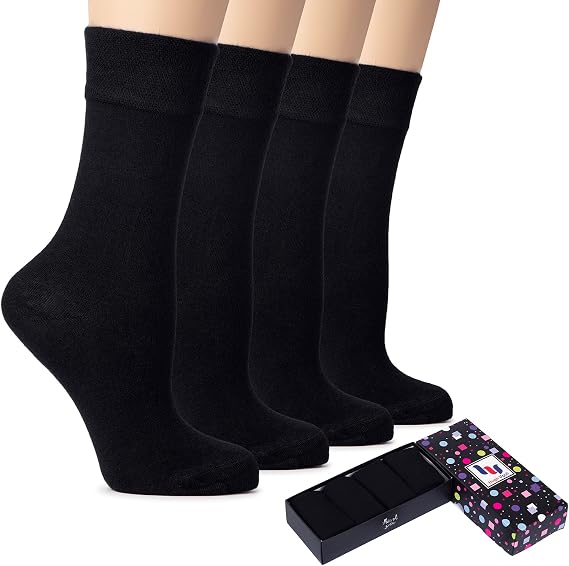 Hugh Ugoli Women's Rayon Thin Crew Socks for Dress Business & Trouser, Seamless Toe, 4 Pairs in Gift Box