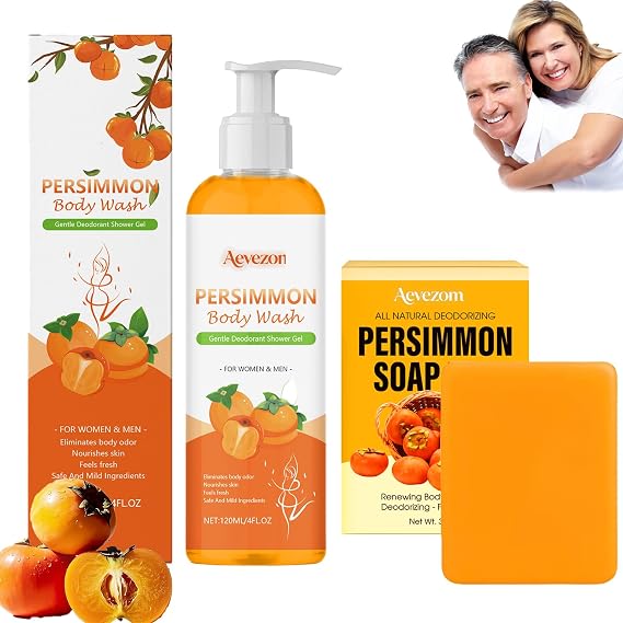 Persimmon Soap Set for Old People Smell, Natural Persimmon Bar and Body Wash, Extreme Odor Control, Sensitive and Mature Skin (1 set)
