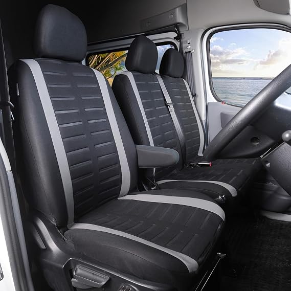 TOYOUN Van Seat Covers 3D Stripe Print Universal Fit Most Vans Trucks Lorry Front Seat Covers Single & Double Car Seat Covers for Single Driver and Double Passenger Seat 2+1 seat Covers, Grey