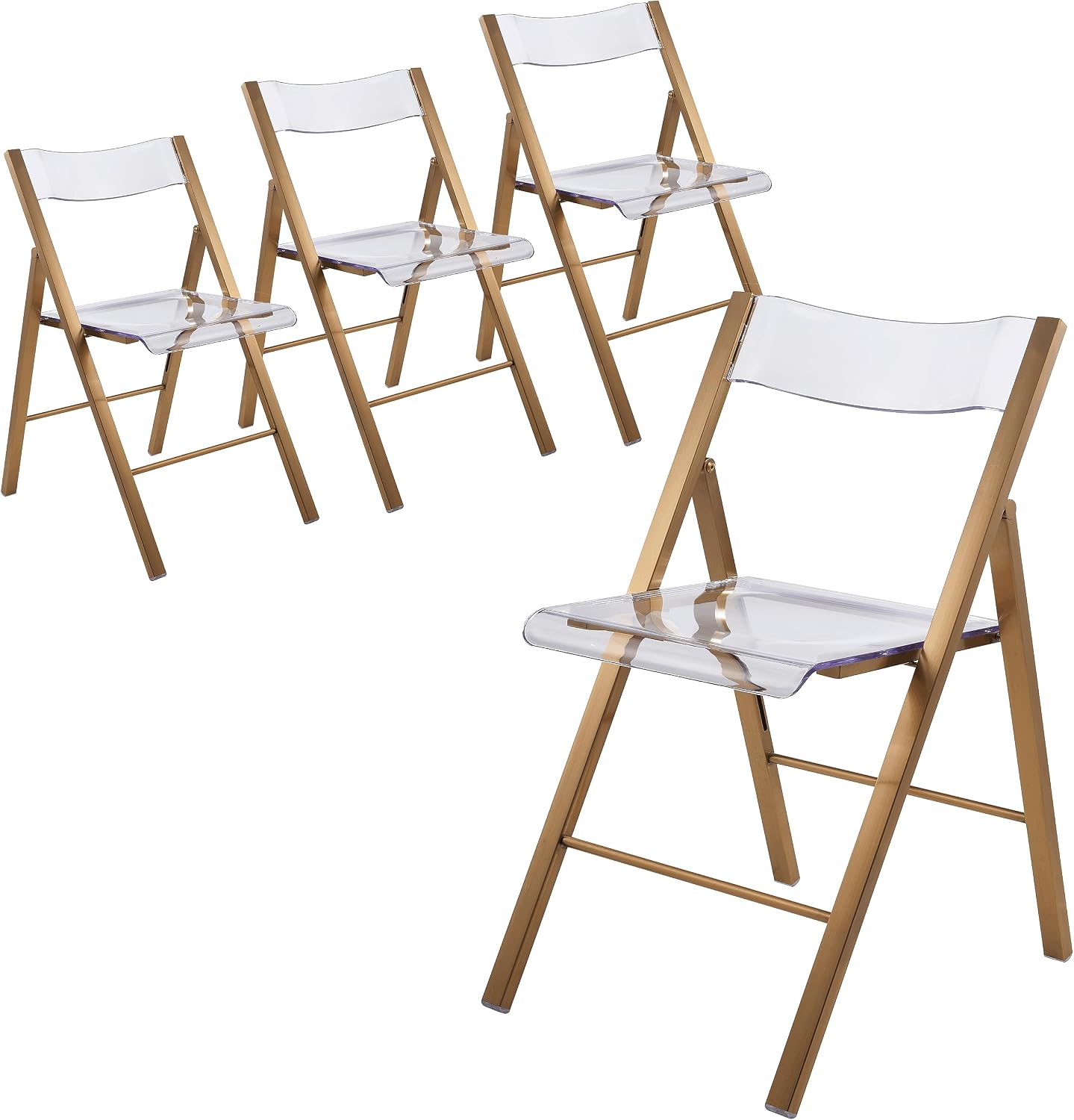 LeisureMod Transparent Acrylic Folding Chair, Lightweight Iron Chrome Base Comfortable Clear Desk Chair, No Assembly Needed Set of 4 in Brushed Gold
