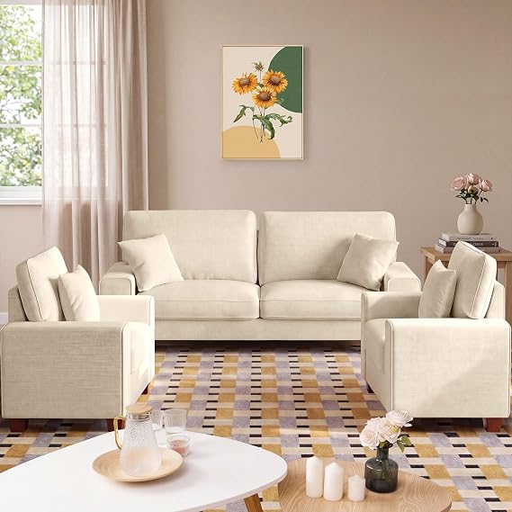 DOPEDIO 88.58" Sofa Set, Chenille Loveseat & 2 Accent Chairs, Beige