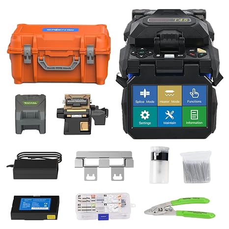 ORIENTEK T45 FTTH Fiber Optic Fusion Splicer Machine Core Alignment Fusion Splicing Machine 7sec Splice Time 250m, 900m Flat Cable Jump Cables Cleaver+Optic Power Meter