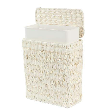 Coeusy Wicker Trash Can with Lid and Liner,Boho Decotative Small Bathroom Trash Cans,Waterproof Slim Narrow Waste Basket for Bedroom,Home Office,3 Gallon Beige White