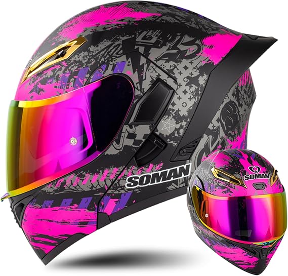 Motorcycle Helmet Modular Flip Up Front Motorbike Helmet, DOT/ECE Approved Full Face Helmet With Double Visor Revo Colored Lens Crash Helmet For Men Women,Purple-S(55~56cm)