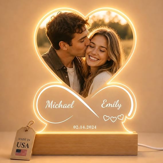 iDIY Custom Picture Frame for Couples with Photo, Ships Next Day, Made in USA, Heart Acrylic Photo Night Light, Personalized Anniversary Valentines Day Gifts for Boyfriend Girlfriend