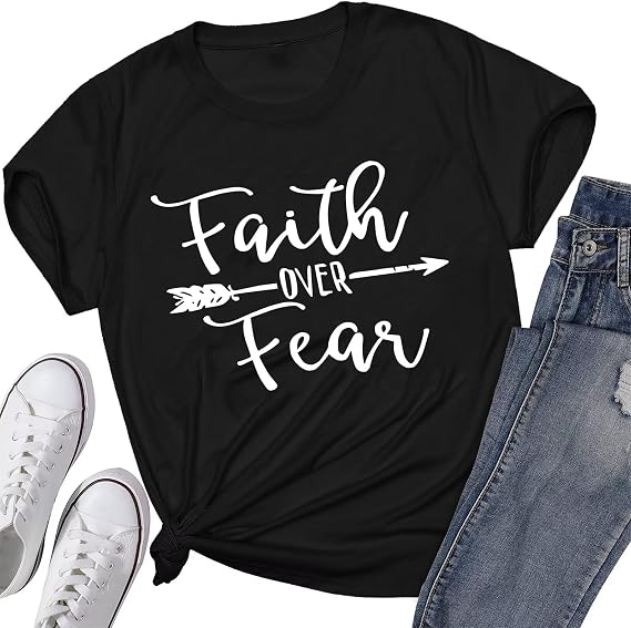 Faith Over Fear T-Shirt Christian Shirt Letter Graphic Tee God Merch Religious Church Bible Verse Top for Women Girls