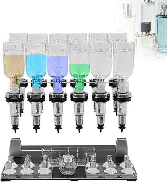 Desktop Liquid Filler for Perfume,Manual Perfume Dispenser with 12 Bottle, 12 Scent Testing Cups, Perfume Tester Rack, Perfume Filling Machine,Bottle Filler Machine for Bars Studio Salon Stores
