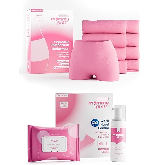 Mommy FirstTM Postpartum Recovery Bundle | 8 Disposable Pink Underwear + Witch Hazel Foam & 24 Wipes | Comfort, Cooling & Healing Relief for Vaginal Birth Recovery