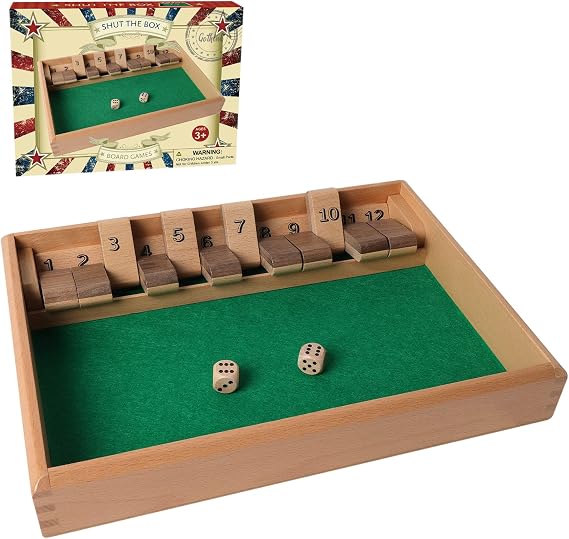 GOTHINK Shut The Box Wooden Board Dice Game - 12 Numbers Traditional Wooden Table Math Board Game with 2 Dice for Kids & Adults Classics Board Game Perfect for Family, Classroom, Home or Pub Bar