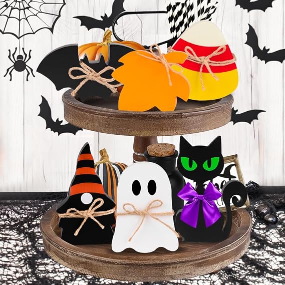 JOICEE Halloween Tiered Tray Decorations, 6Pcs Halloween Wooden Table Sign, Black Cat Ghost Bat Candy Corn Freestanding Table Shelf Farmhouse Rustic Signs for Halloween Home Indoor Decor.