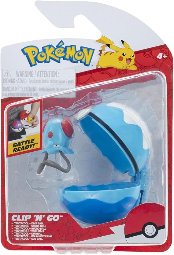 Pokémon Tentacool ve Scuba Clip 'N' Go Ball Standlı ve Tüplü Top Aksesuarlı 2" Savaş Figürü içerir.