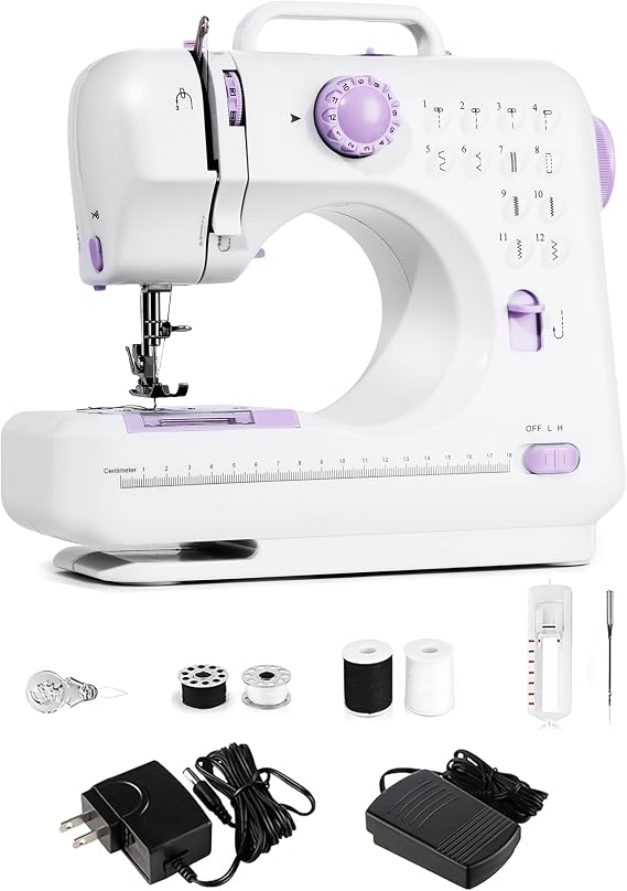 Portable Sewing Machine for Beginners,Maquina de Coser,Purple | 12 Stitches,2 Speeds, Foot Pedal, Dual Power, Mini Electric