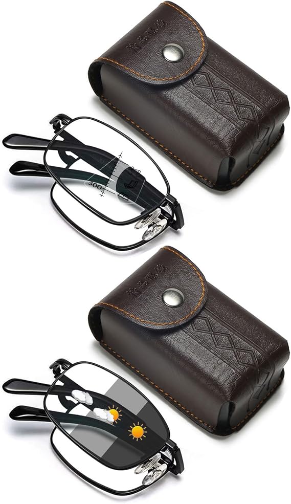 Portable Folding Reading Glasses Photochromic Progressive Multifocus Readers Compact Blue Light Blocking Eyeglasses with Case for Men Women (Color : 2 Pack Black, Size : 2.0 x)