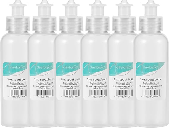 Daylogic Spout Bottle, Refillable Container, Plastic, Translucent Bottles, Flip Top, For Lotions, Shampoos, Or Other Liquids, Travel-Friendly & Multipurpose, Mess-Free, 3 oz., 6 Count