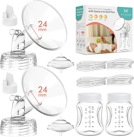 Breast Pump Parts Compatible with Spectra S1,S2,S9 Plus, Replacement Kit for Spectra Pump Parts 2PCS Include 24mm Flange, Duckbill Valve, Tube,Bottle, Backflow Protector, Not Original Accessories