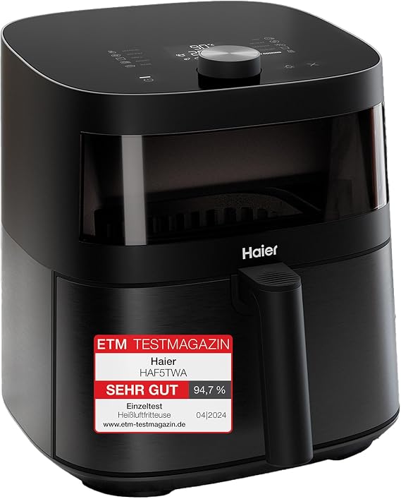 Haier Air Fryer XXL I-Master Serisi 5 yağsız fritöz, 6 kişiye kadar 7L kapasite, kontrol penceresi, sıcak hava pişirme, kızartma, ızgara, yavaş pişirme, buz çözme, yoğurt, siyah