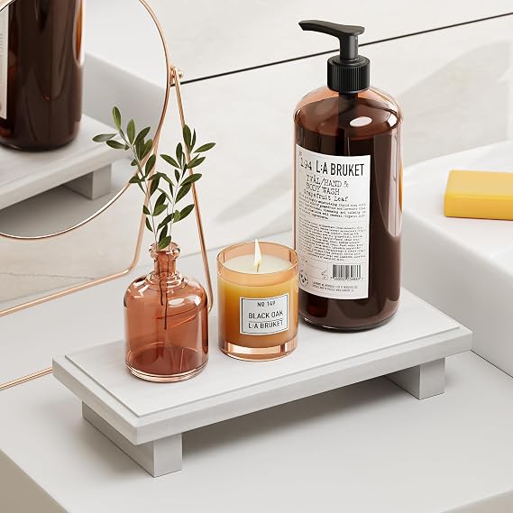 KLM Wooden Pedestal Tray Riser, Farmhouse Decor for Vanity Counter (White)