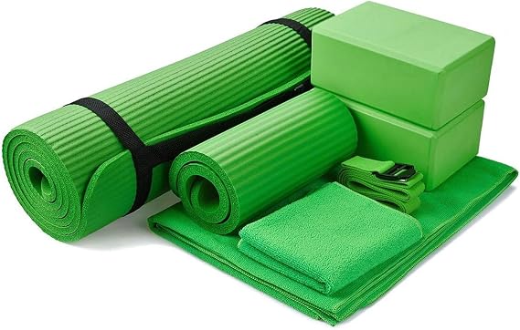 BalanceFrom 7-Piece Yoga Set with 71x24x0.5 Inches Extra Thick Mat and Carrying Sling Includes 2 Blocks, Stretch Strap, 2 Towels, and Knee Pad for Home, Studio, and Gym Workouts