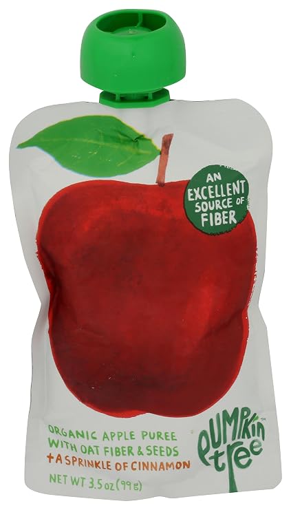 Pumpkin Tree Organic Fruit Pouch Applesauce with Cinnamon Fiber Gluten Nut Dairy Free Snack for Kids, Apple, 3.5 Oz