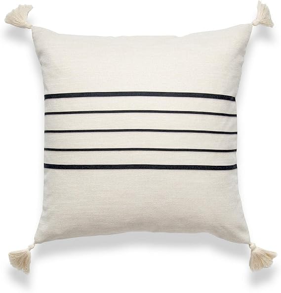 Hofdeco Moroccan Tassel Neutral Decorative Pillow Cover Only, Beige Black Geo Stripes, 18"x18"
