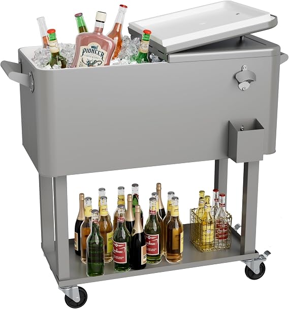 80 Quart Rolling Ice Chest Cooler Cart with Shelf, Heavy Duty Insulated Cooler Box on Wheels with Drain Plug, Weather Resistant Outdoor Party BBQ Drink Cart