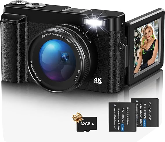 Digital Camera,4K UHD 48MP Autofocus Vlogging Camera for Youtube with 16X Digital Zoom,180° Flip screen Camera with 32G Card and UV lens,Compact Camera for Teenagers, Beginners,Adults Black