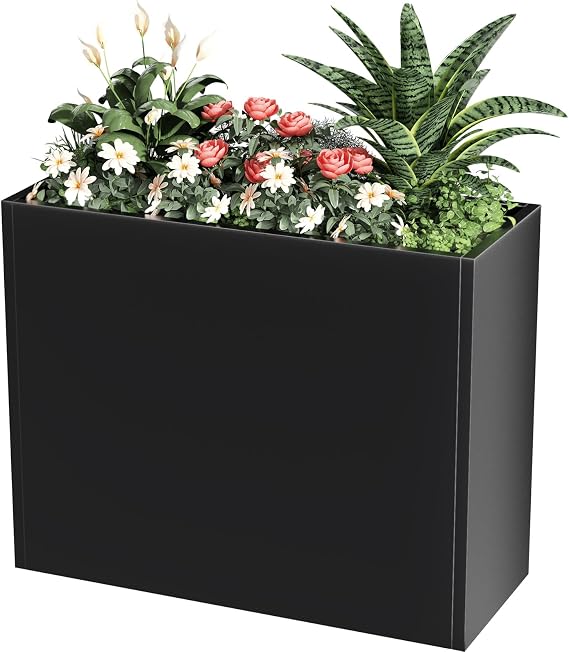 Tall Metal Planter Box for Outdoor Plants 36"L x 12"W x 26"H, Heavy Duty Steel Large Rectangular Planter Box with Removable Insert Shelf, Modern Decor for Tall Plants, Trees, Flowers (Black)