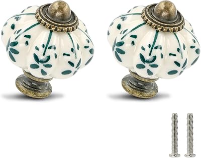 Ivory & Green Pumpkin Knobs 6 Pack Ceramic Cabinet Knobs Vintage Drawer Pulls - Antique Dresser Pulls with Screws - Green Flower