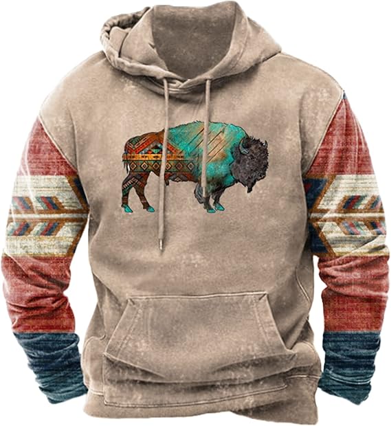 Aymnlox Hoodies for Men Western Aztec Ethnic Lightweight Hooded Sweatshirts Casual Long Sleeve Ethnic Print Loose Pullover