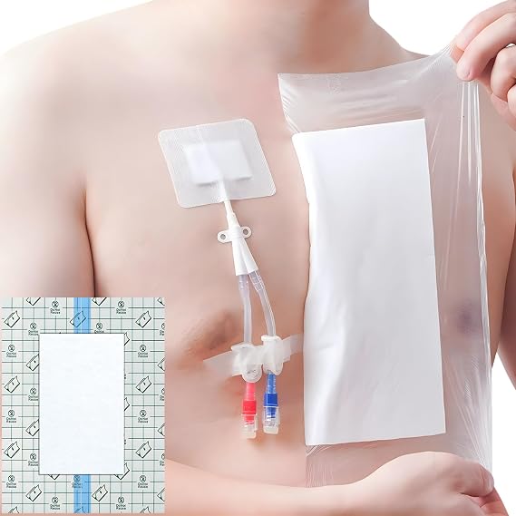 12"x15.7" Waterproof Dialysis Port Shower Covers Protector for Chest with No Glue On The Center, PICC Line Chest Port Shield Island Bandage Dressing Accessories, Pack of 7