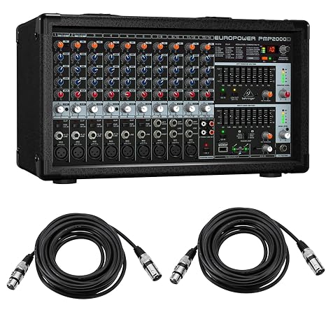 Behringer EUROPOWER PMP2000D 2000-Watt 14-Channel Powered Mixer, Bundle With 2x H&A 25' XLR Microphone Cables