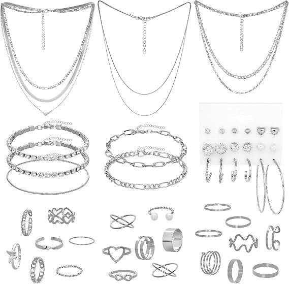 Gold/Silver Jewelry Set for Women Layered Bracelets Ball Dangle Hoop Earrings Stackable Knuckle Rings Set Dainty Adjustable Necklaces Valentine Anniversary Trendy Party Costume Accessories Jewelry