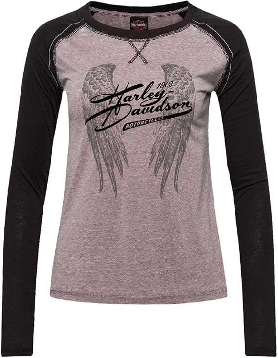 Harley-Davidson Women's Titanium Curved Hem Long Sleeve Raglan Tee, Gray/Black