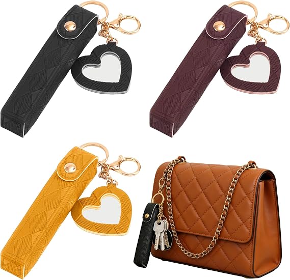 3 PCS Long Lipstick Holder Keychain PU Leather Potable Chapstick Holder with Mirror Soft Lip-Balm Holder Travel Storage Case Lipstick Pouch Mini for Perfume Fingernail Polish Valentine's Day Present