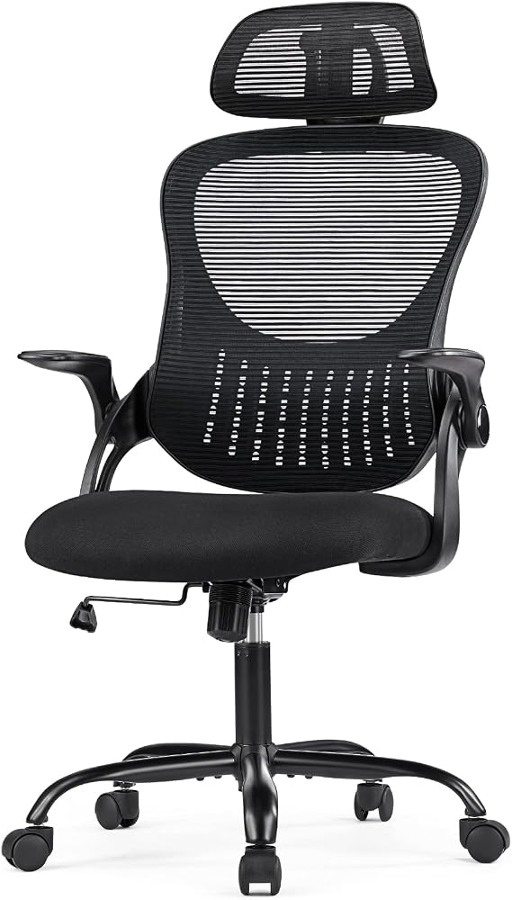 NEWBULIG Ergonomic Office Desk Chair, High-Back Computer Task Mesh with Comfortable Lumbar Support, Adjustable Headrest and Flip-Up Arms, 360 Swivel Rolling Wheels, Study, Black