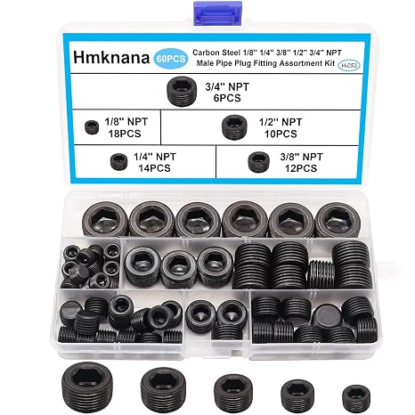 60PCS Black Carbon Steel Pipe Plug Fitting Assortment Kit - 5 Sizes 1/8" 1/4" 3/8" 1/2" 3/4" NPT Male Internal Hex Thread Socket for Sealing Port H-053