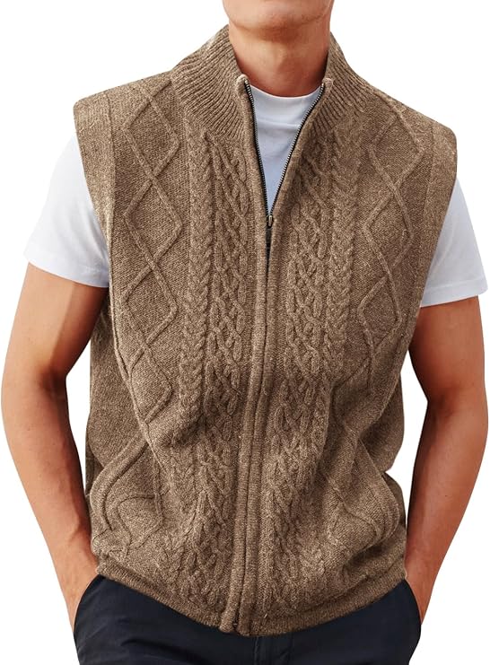 Runcati Mens Full Zip Sweater Vest Cable Knitted Cardigan Stand Collar Casual Sleeveless Sweaters