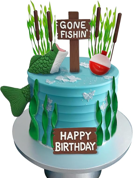 Gone Fishing Cake Topper, Happy Birthday Cake Toppers