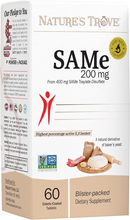 SAM-e 200mg Daily Supplement - Vegan, Kosher, Non-GMO, Soy Free, Gluten Free - 60 Enteric Coated Tablets - Cold Form Blister Packed - by Natures Trove