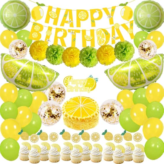 Lemon Party Decorations Lemon Happy Birthday Banner Lemonade Balloons Pom Pom Flowers Cake Toppers for Kids Summer Lemon Theme Birthday Party Baby Shower