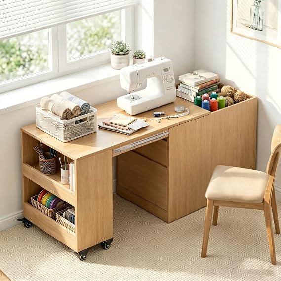 Sewing Craft Table with Expandable Pull-Out Desktop, Concealed Storage & Locking Casters, Rolling Sewing Machine Table for Sewing Room, Craft Room, Quilting & Tailors