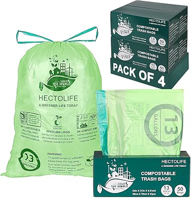 13 Gallon,200 Count, Compostable Trash Bags with Drawstring,Tear Resistant Kitchen Food Scrap Waste Bag, ASTM D6400, US BPI and Europe OK Compost Home Certified