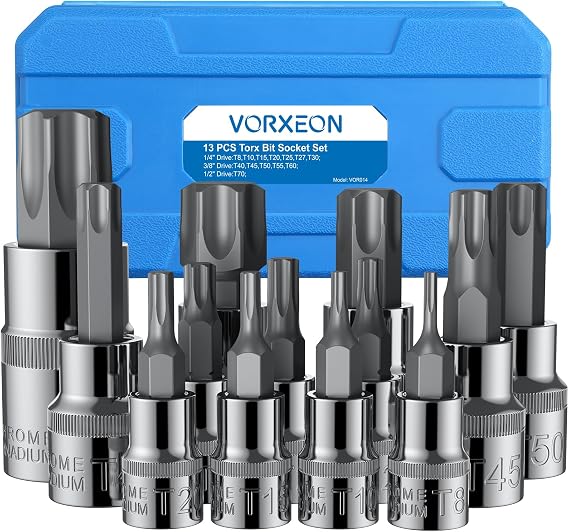 13PCS Torx Socket Set T8-T70 Star Socket Set 1/4 3/8 1/2 Inch