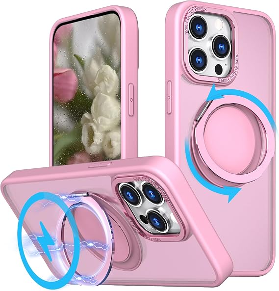 MAXCURY Magnetic for iPhone 15 Pro Max Case with Stand, [Anti-Fingerprint] [Military Drop Protection] [Compatible with MagSafe] Soft Edge Translucent Slim Back 15 ProMax Phone Case (Pink)