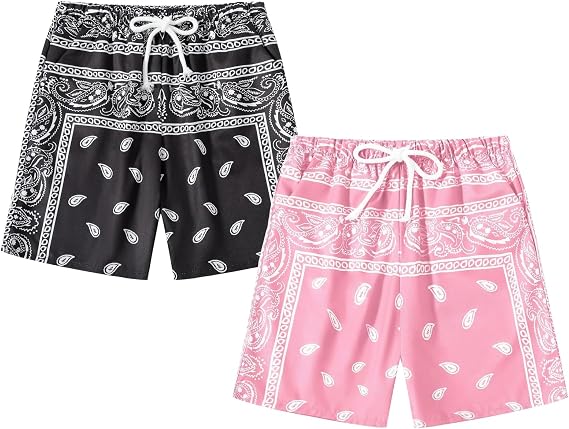 Boy's 2 Pack Summer Boho Paisley Print Shorts Kids Drawstring High Waisted Graphic Bandana Shorts with Pocket