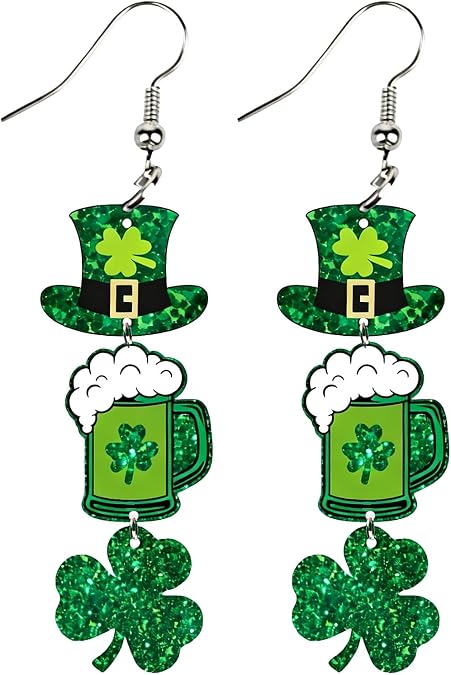 St Patricks Day Earrings for Women Acrylic Green Clover Dangle Earrings
