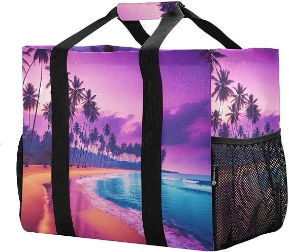 Reusable Grocery Bags Foldable Beach Purple Sky Shopping Bags, Heavy Duty Grocery Bags with Reinforced Bottom & Handles