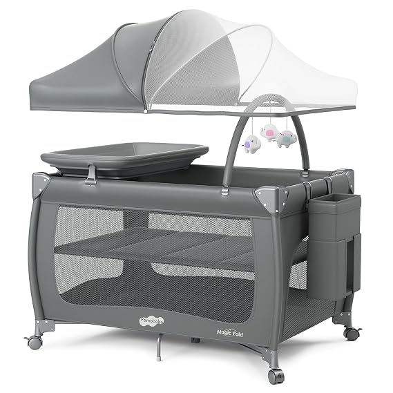 Pamo Babe Pack and Play with Bassinet, One-Step Setup Portable Baby Playpen