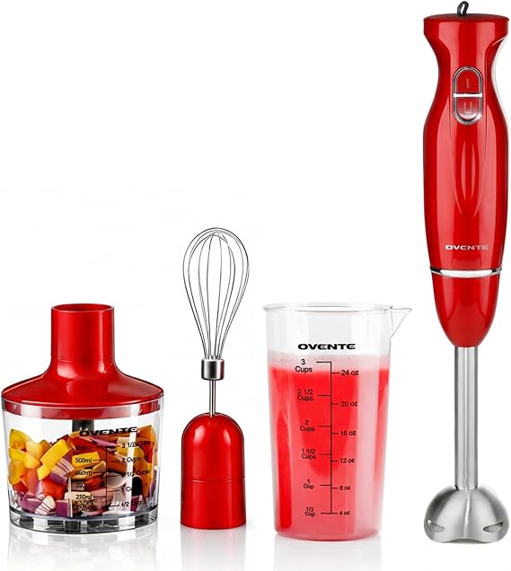 OVENTE Electric Hand Blender Set with 2 Mixing Speeds, 300W Red HS565R